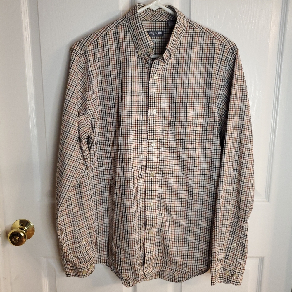 Van Heusen Orange, Tan, & Brown Checkered Button Down Shirt. Size S. #MP
